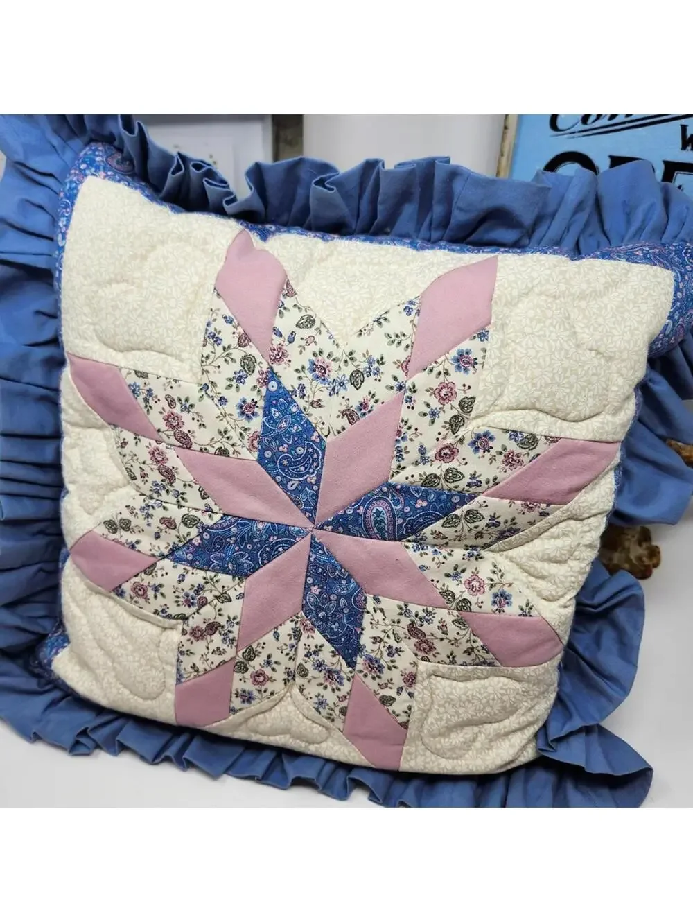 Handmade Quilted Decorative Throw Pillow with Ruffled Edges 18 Inch